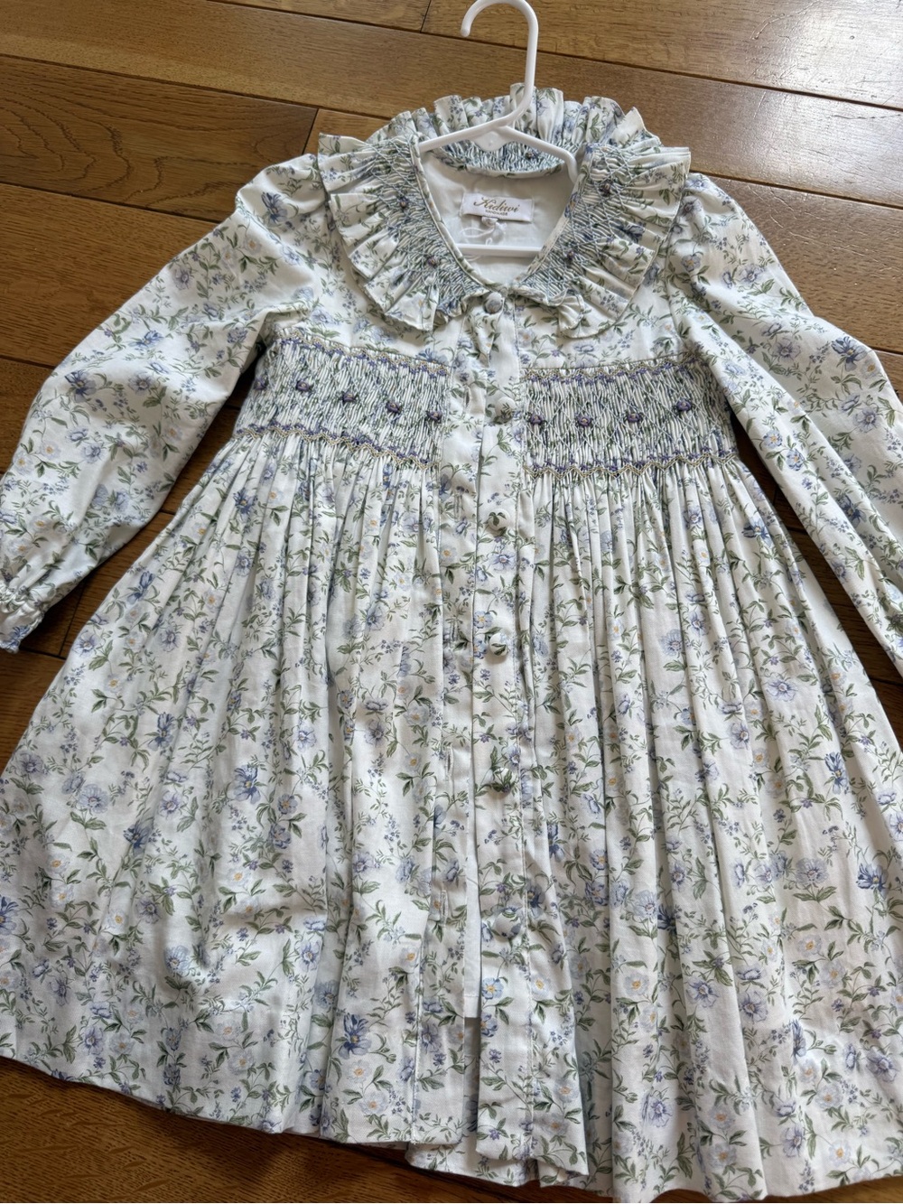 Kidiwi Floral Long-Sleeve Girls Dress - White with Green & Lavender